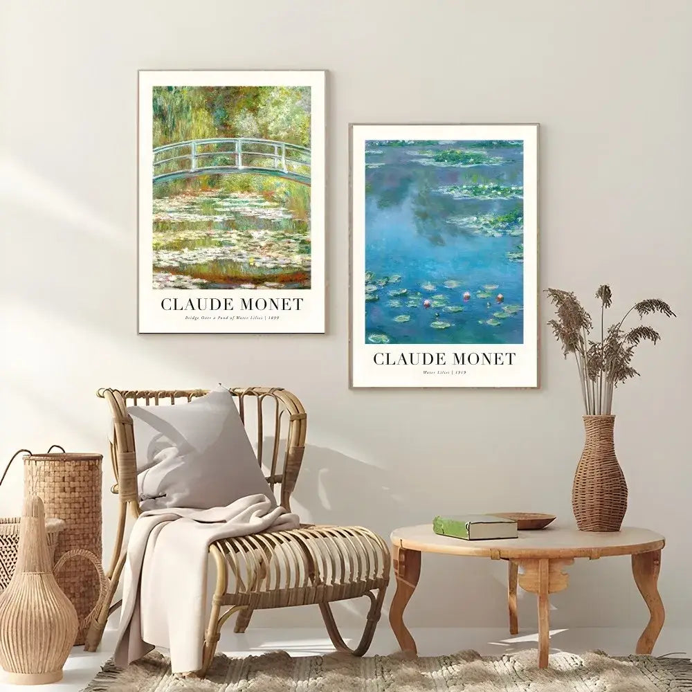 Two framed decorbites™ monet wildflower poster prints featuring a bridge over water lilies and blue pond with leaves