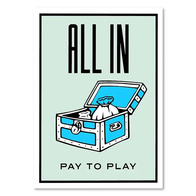 Blue illustrated treasure chest with white trim and silver lock containing money bags on decorbites™ monopoly millionaire canvas wall art