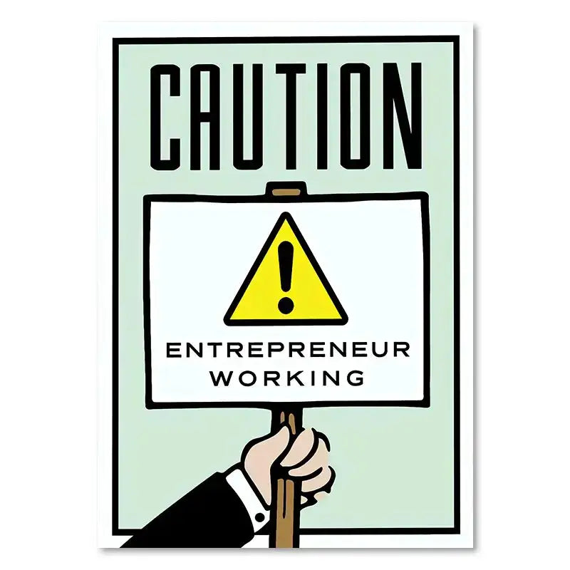 A cartoon-style caution sign with a yellow warning symbol held by a hand in a suit for monopoly millionaire canvas wall art