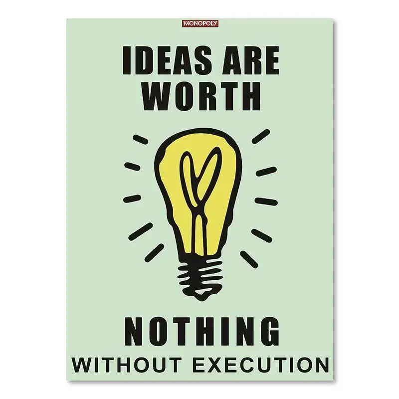 Light green decorbites™ monopoly millionaire canvas wall art featuring a yellow light bulb illustration with black outlines