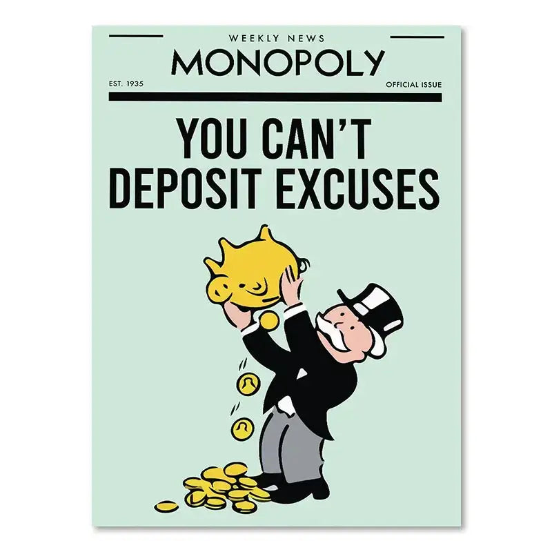 Light green monopoly millionaire canvas wall art featuring a cartoon man in a top hat holding a golden piggy bank
