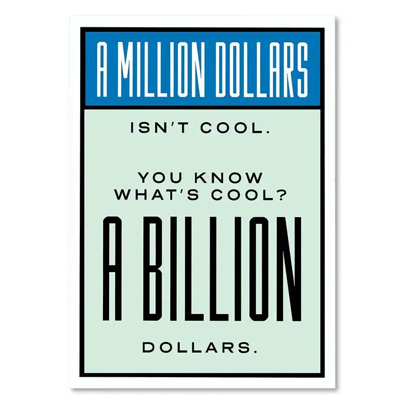 A minimalist decorbites monopoly millionaire canvas wall art with bold black and blue text on light mint background