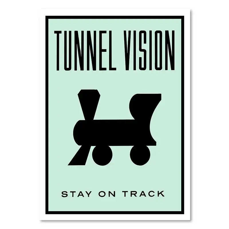 Decorbites™ monopoly millionaire canvas wall art features minimalist mint green train silhouette with tunnel vision text