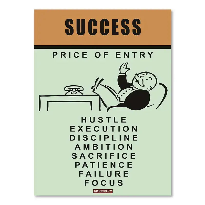 Decorbites monopoly millionaire canvas wall art with minimalist mint green background and black line art of relaxed businessman