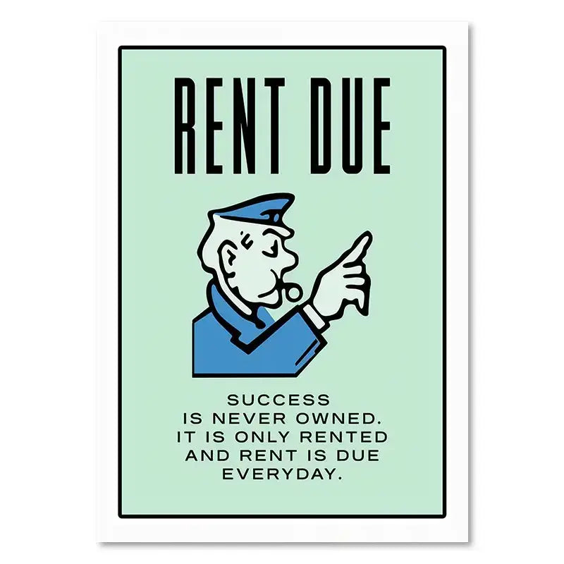 A mint green mint canvas painting wall art featuring a cartoon police officer and rent due text from DecorBites monopoly millionaire series