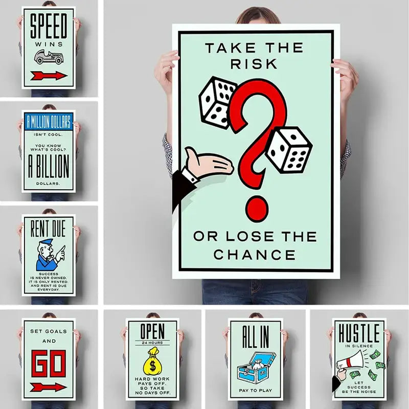 Mint green monopoly millionaire canvas wall art featuring bold red question mark dice and take the risk or lose the chance text
