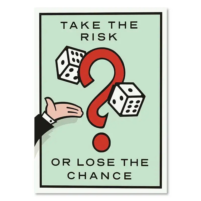 A mint green monopoly millionaire canvas wall art featuring a red question mark, white dice, and the phrase take the risk or lose the chance