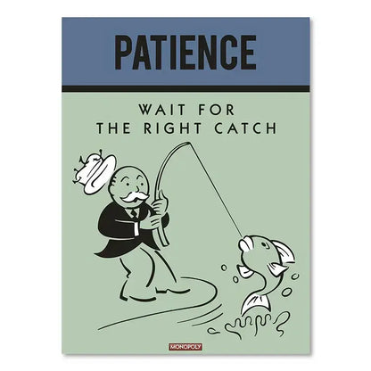 DecorBites™ monopoly millionaire wall art canvas painting featuring black-and-white fishing cartoon on light green background