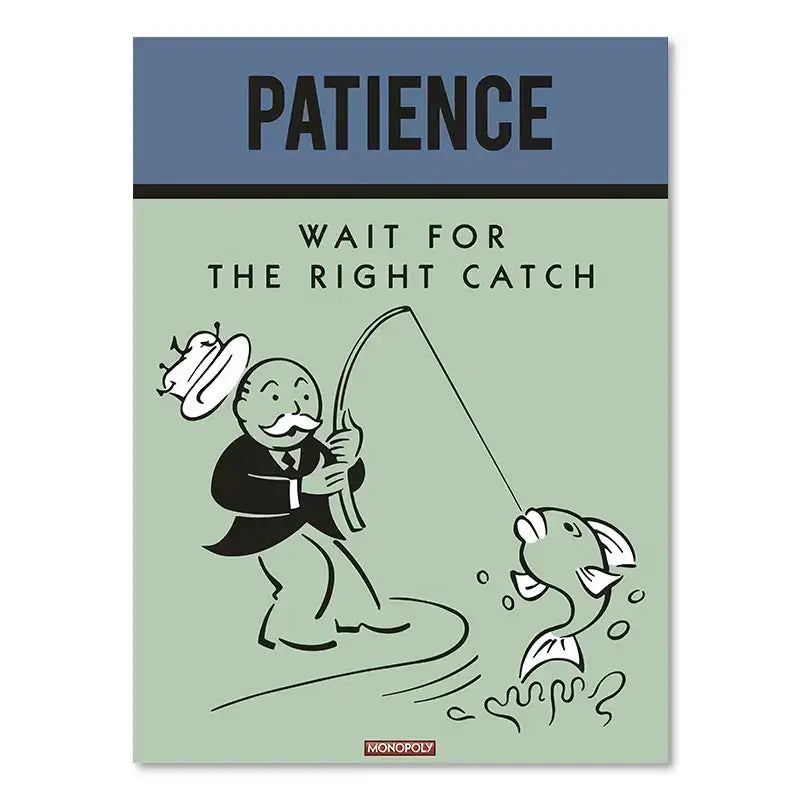 DecorBites™ monopoly millionaire wall art canvas painting featuring black-and-white fishing cartoon on light green background