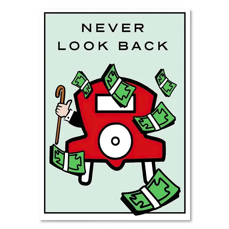 DecorBites™ monopoly millionaire canvas wall art featuring red character with white face holding cane surrounded by dollar bills
