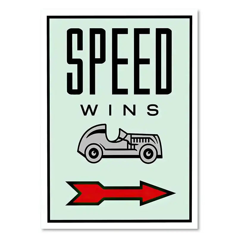 DecorBites™ monopoly millionaire canvas wall art retro rectangular sign speed wins with vintage race car on pale mint background