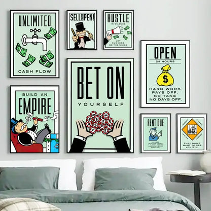 Set of eight decorbites™ monopoly millionaire canvas wall art prints with bold black text and colorful illustrations on mint backgrounds