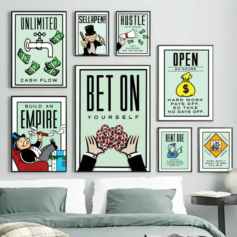 Set of eight decorbites™ monopoly millionaire canvas wall art prints with bold black text and colorful illustrations on mint backgrounds