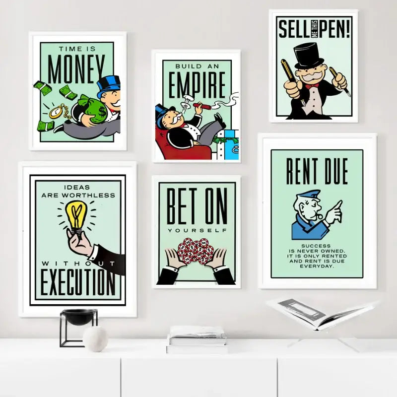 Set of six framed monopoly millionaire canvas wall art posters with colorful illustrations on light mint backgrounds