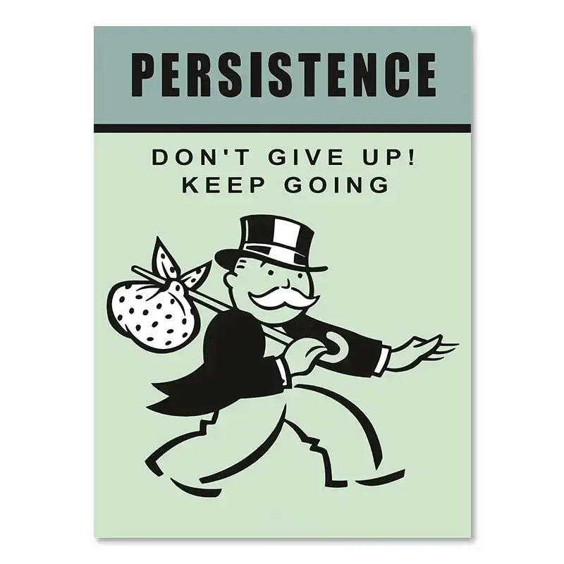 Decorbites monopoly millionaire canvas wall art featuring black and white iconic character with spotted sack on mint background