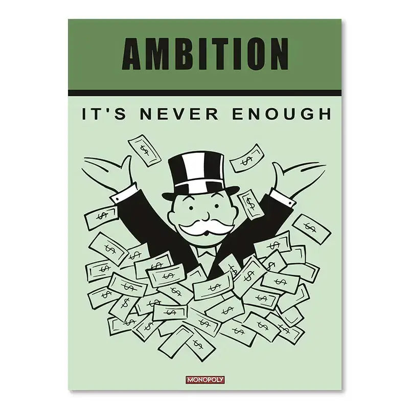 Decorbites™ monopoly millionaire canvas wall art featuring cartoon man with top hat and green dollar bills with ambition text
