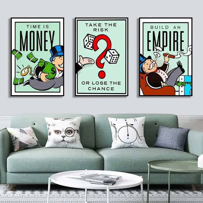 Three framed decorbites™ monopoly millionaire canvas wall art with black text on mint background featuring dice and characters