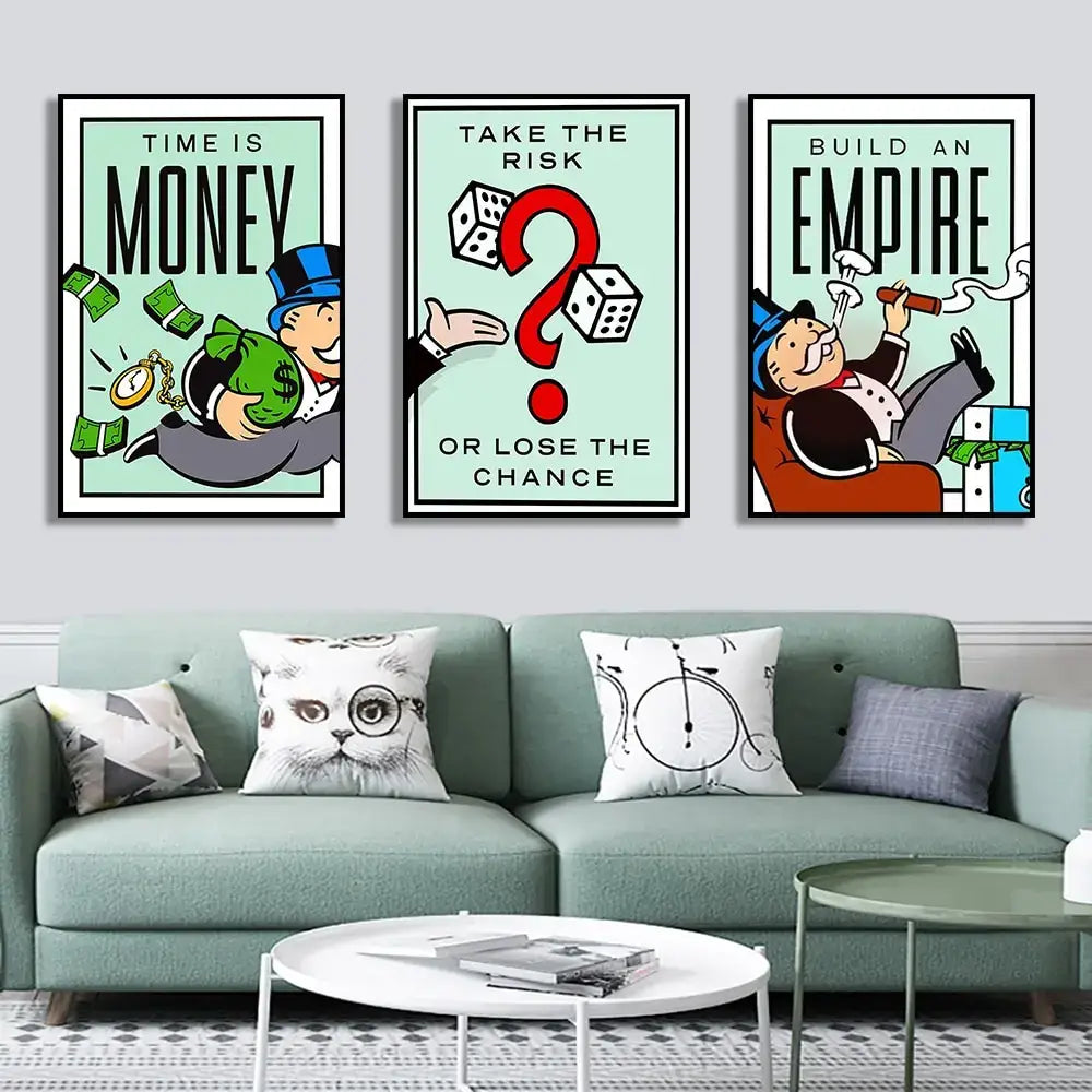 Three framed monopoly millionaire canvas wall art posters with bold black text mint backgrounds and dice illustrations
