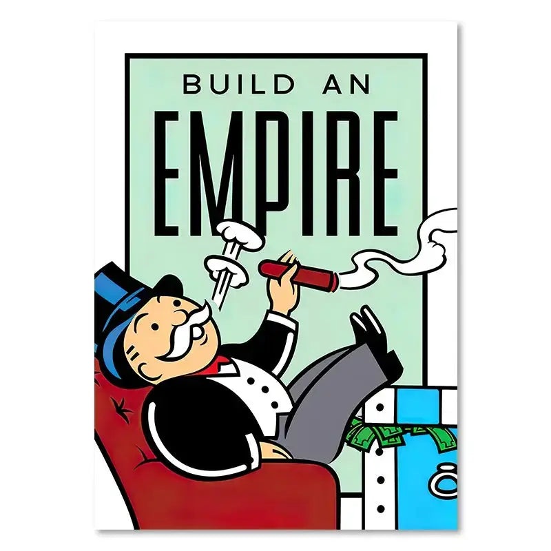 A vibrant DecorBites™ monopoly millionaire canvas wall art of the monopoly man lounging smoking cigar on green background