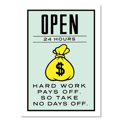 Decorbites™ monopoly millionaire canvas wall art featuring a yellow money bag with a black dollar sign on mint green background