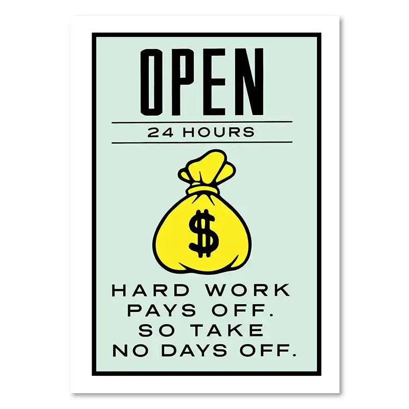 Decorbites™ monopoly millionaire canvas wall art featuring a yellow money bag with a black dollar sign on mint green background