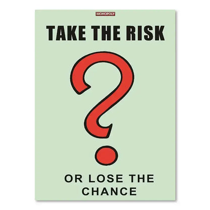 Light green monopoly millionaire cartoon canvas art with red question mark and take the risk or lose the chance text for home decor