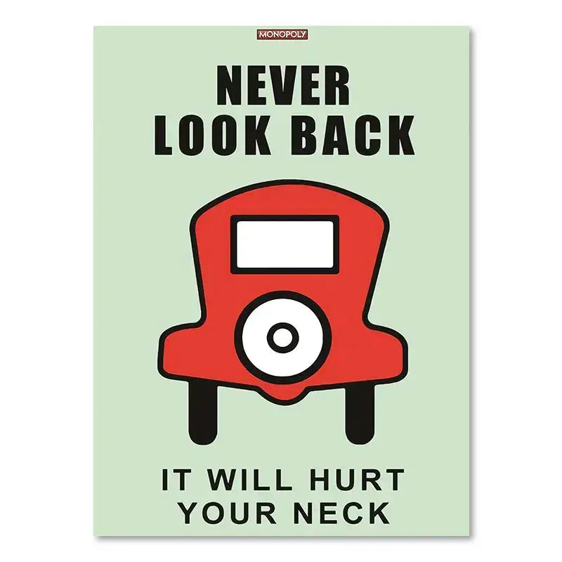 Red vintage-style car illustration on light green canvas art with never look back text for monopoly millionaire home decor