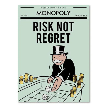 Decorbites™ monopoly millionaire cartoon canvas art featuring a man in top hat rolling dice with gold coins for home decor