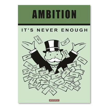 Monopoly millionaire cartoon canvas art featuring a man in top hat with dollar bills for stylish home decor by decorbites