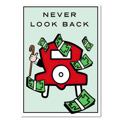Decorbites™ monopoly millionaire cartoon canvas art featuring red character with white face holding cane surrounded by dollar bills for home decor