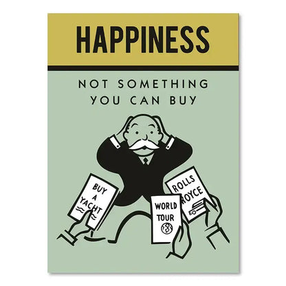 A minimalist monopoly millionaire wall art poster with sage green background and bold black happiness text
