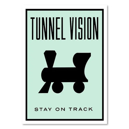 Minimalist mint green decorbites™ monopoly millionaire wall art featuring a bold black train silhouette and motivational text