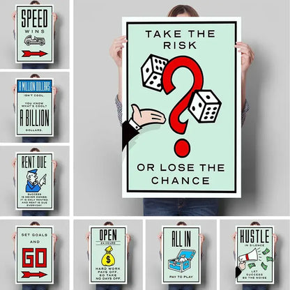 Mint green monopoly millionaire wall art canvas featuring a bold red question mark with dice and take the risk text