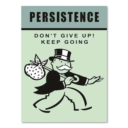 Decorbites monopoly millionaire cartoon canvas wall art with a black and white top hat man and green dollar money poster