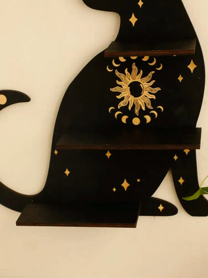 Black cat wooden shelf with gold moon phase sun designs by DecorBites™ for wall decoration