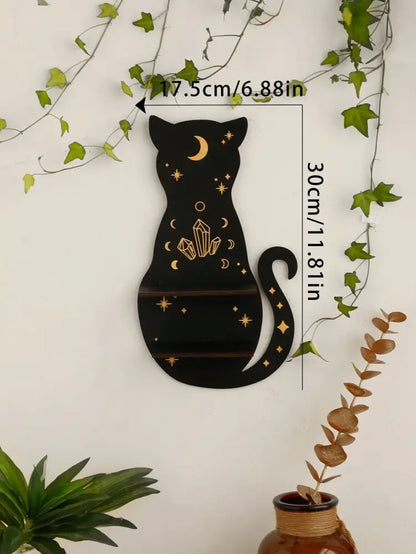 DecorBites moon phase black cat wooden shelf with gold foil moons stars and crystals in black cat design