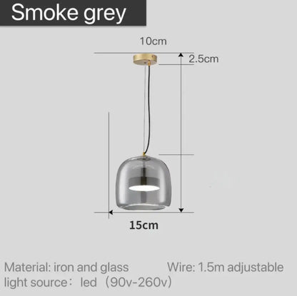 Smoke grey glass pendant light with brass iron mount and adjustable wire featuring led bulb for modern nordic pendant lighting