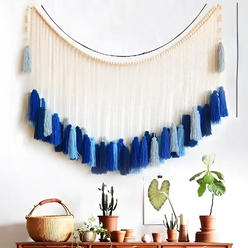 Cream and blue gradient moroccan bohemian wall decor tapestry made of woven macrame with tassels for living room decoration