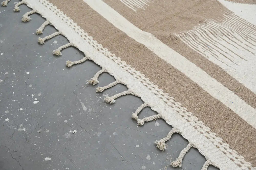 Beige and cream striped woven moroccan handmade azilal rug with decorative tasseled edge 300x200cm from decorbites
