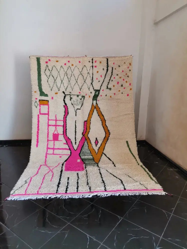 DecorBites™ moroccan handmade azilal berber carpet in cream with bold pink green orange geometric patterns and wool texture