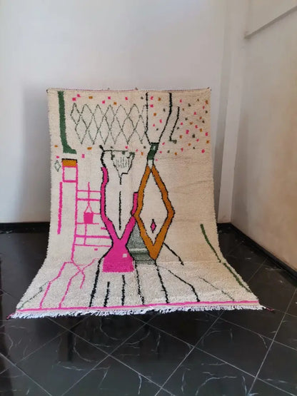 DecorBites™ moroccan handmade azilal berber carpet in cream with bold pink green orange geometric patterns and wool texture