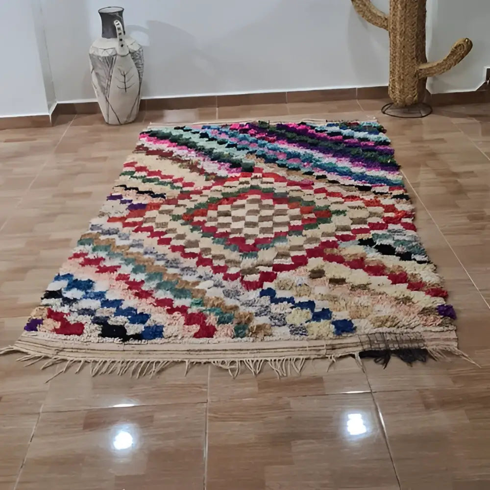 Decorbites™ moroccan handmade beni ouarain rug 1.5m x 1m with vibrant multicolored geometric pattern and fringed edges