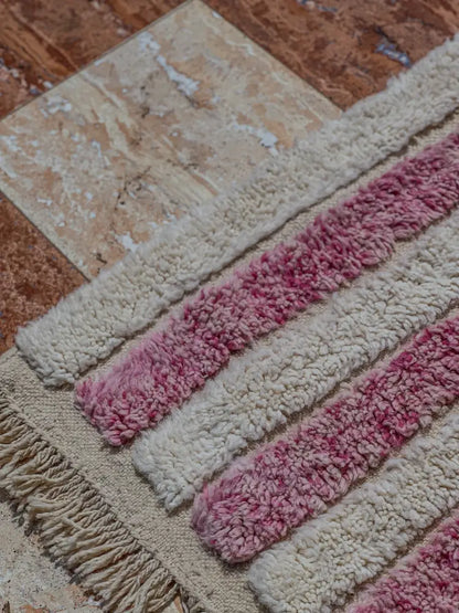 DecorBites™ moroccan handmade beni ouarain rug with soft pink and cream striped shaggy surface and fringed edge 2.5m x 1.5m