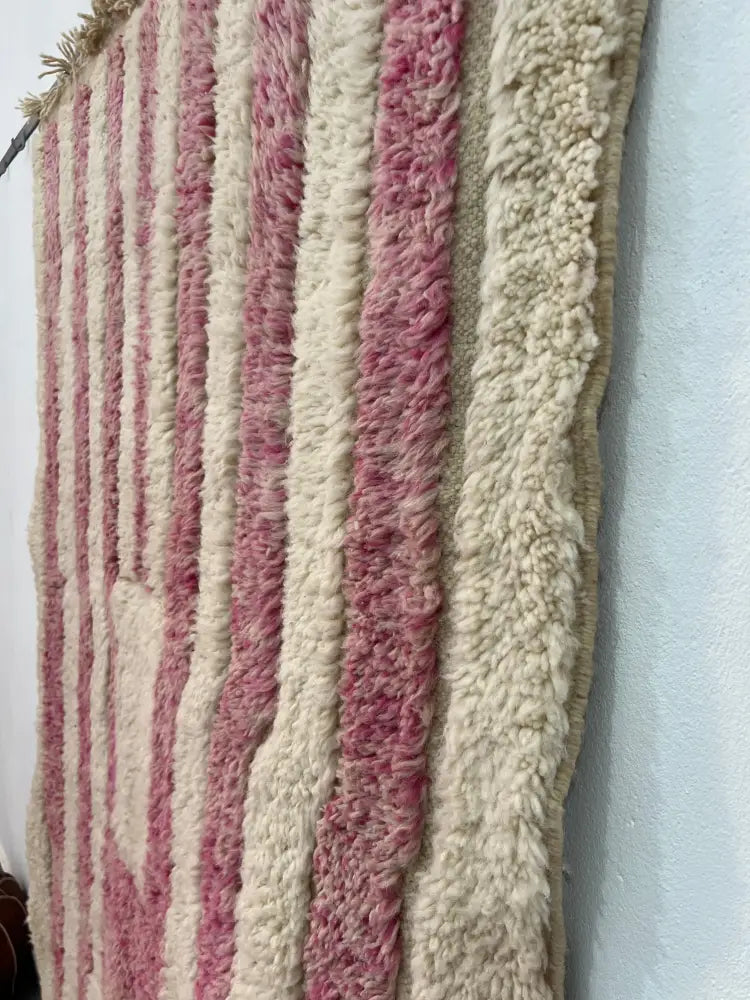 Decorbites moroccan handmade beni ouarain rug with soft pink and cream vertical wool stripes 2.5m x 1.5m