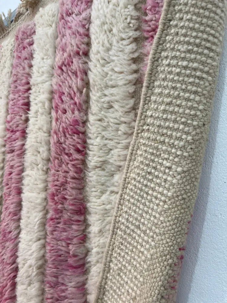 DecorBites™ moroccan handmade beni ouarain rug with soft pink and cream woolen vertical stripes 2.5m x 1.5m