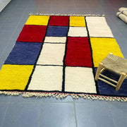 DecorBites™ moroccan handmade beni ouarain rug with vibrant red yellow navy squares and cream bordered panels, 3m by 2m
