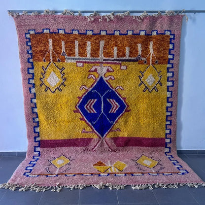 Vibrant decorbites moroccan handmade beni ouarain rug with plush texture and bold mustard yellow blue dusty rose patterns