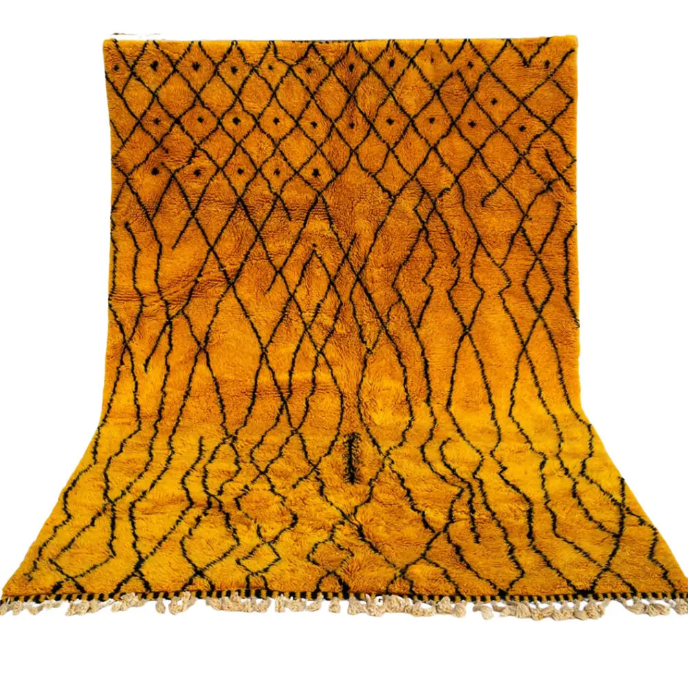 DecorBites™ vibrant orange moroccan handmade beni ouarain rug with bold black geometric patterns and fringed edges
