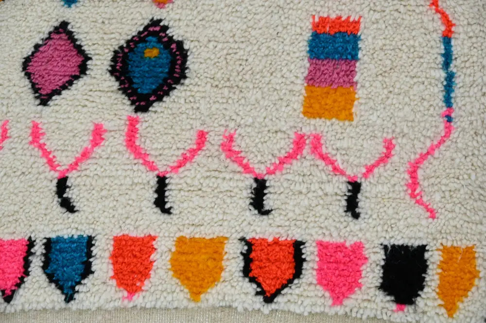 DecorBites™ moroccan handmade azilal hallway rug with cream base and bold pink blue orange teal black geometric patterns