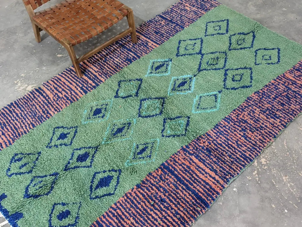 Decorbites™ moroccan handmade traditional azilal rug with green and blue geometric patterns and pure natural wool fibers